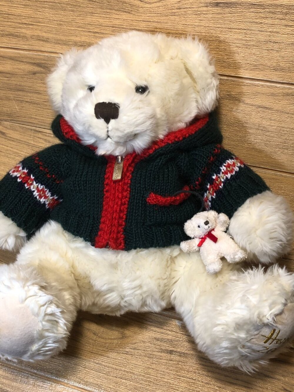 Vintage 2006 Harrods Christmas Toy Teddy Bear with green red cardigan, 2006